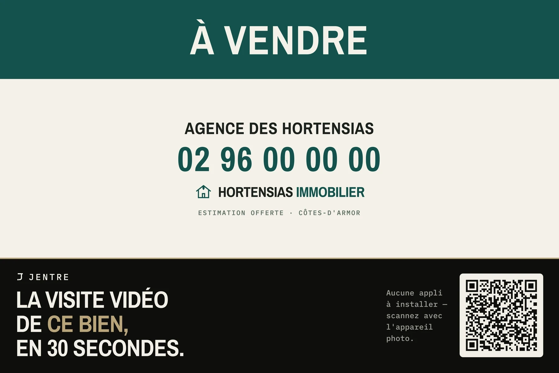 Panneau À VENDRE avec, en dessous, la plaque Jentre et son QR code